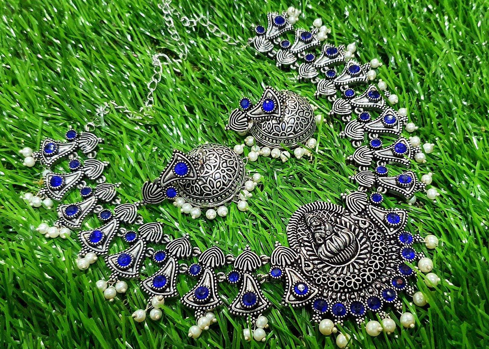Lakshmi Blue Colour Silver Oxidised Necklace