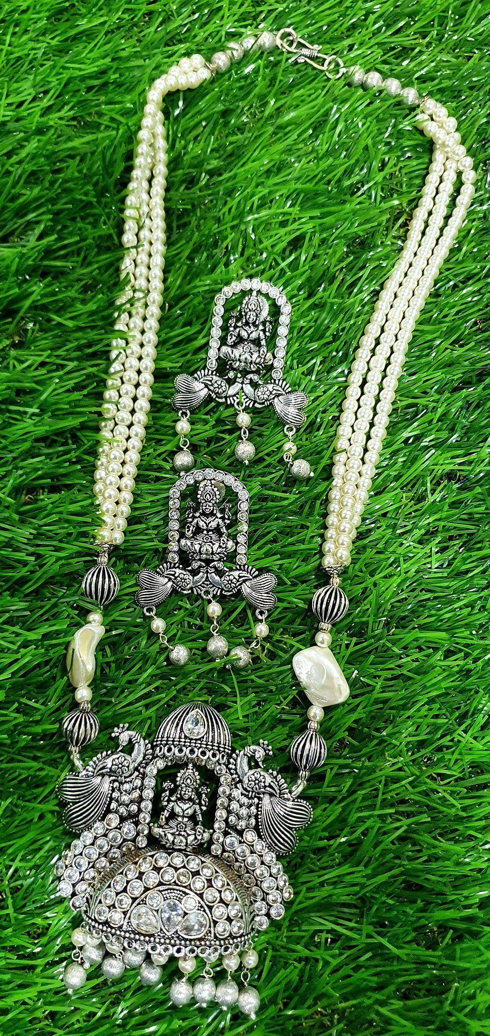 Lakshmi & Peacock White Stones With Pearls Silver Oxidised Harram Lakshmi & Peacock White Stones With Pearls Silver Oxidised Harram
