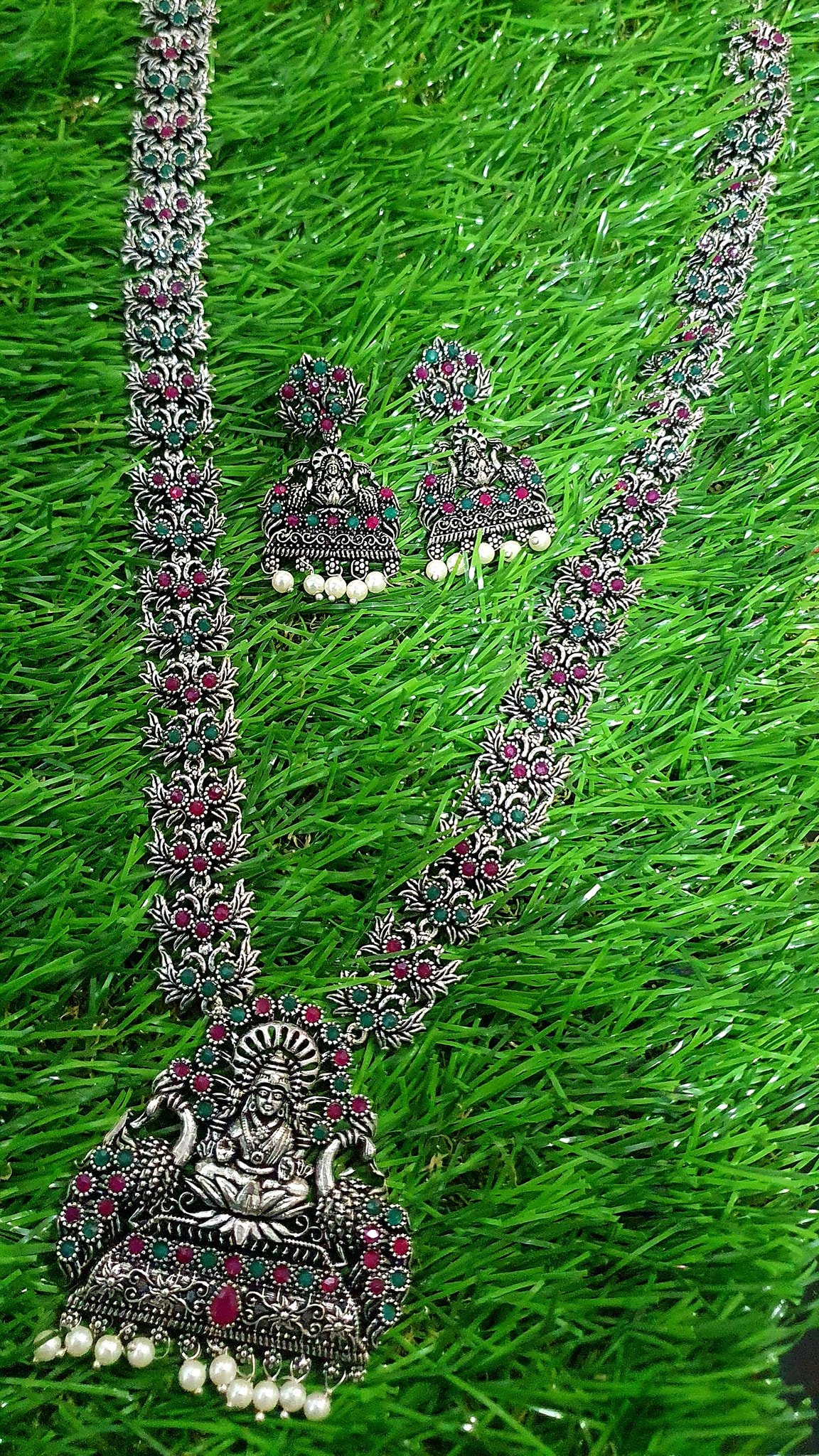 Lakshmi Pink Green Stones With Pearl Silver Oxidised Harram Lakshmi Pink Green Stones With Pearl Silver Oxidised Harram