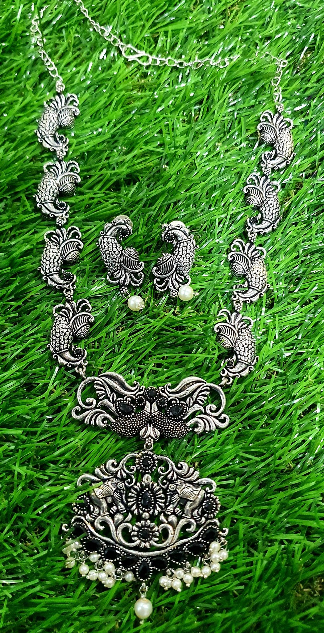 Peacock And Elephant Black Stones With Pearls Silver Oxidised Necklace Peacock And Elephant Black Stones With Pearls Silver Oxidised Necklace