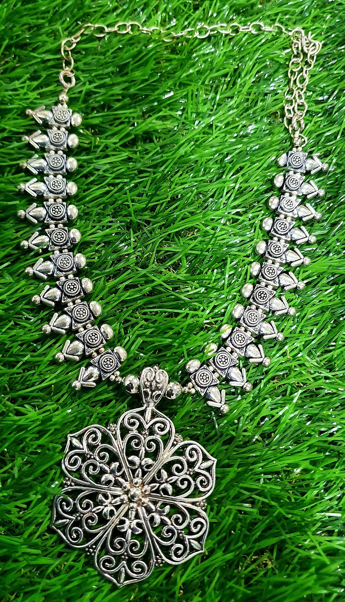 Flower Design Silver Oxidised Necklace Flower Design Silver Oxidised Necklace