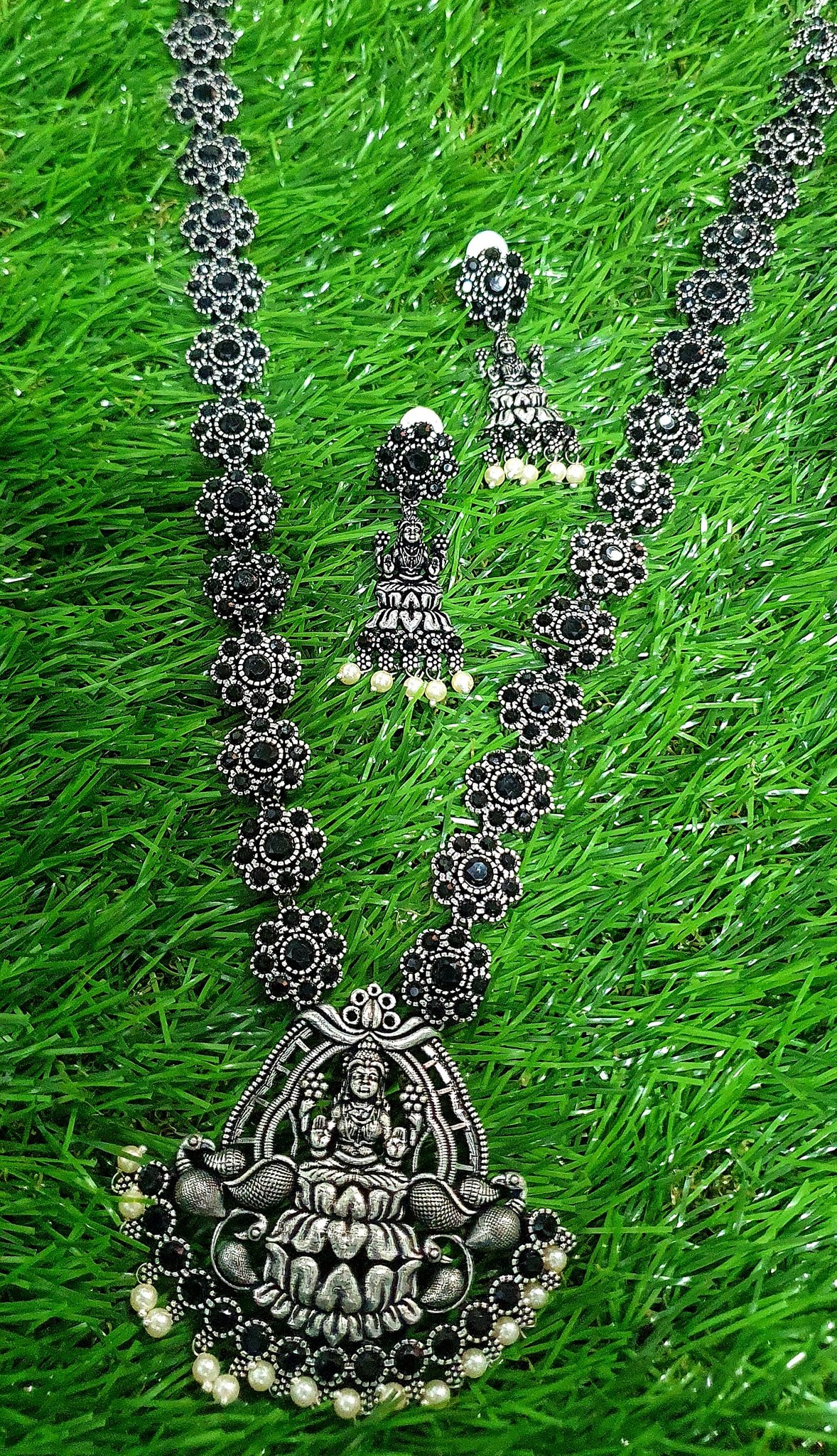 Lakshmi And Flower Black Stones With Pearls Silver Oxidised Harram Lakshmi And Flower Black Stones With Pearls Silver Oxidised Harram