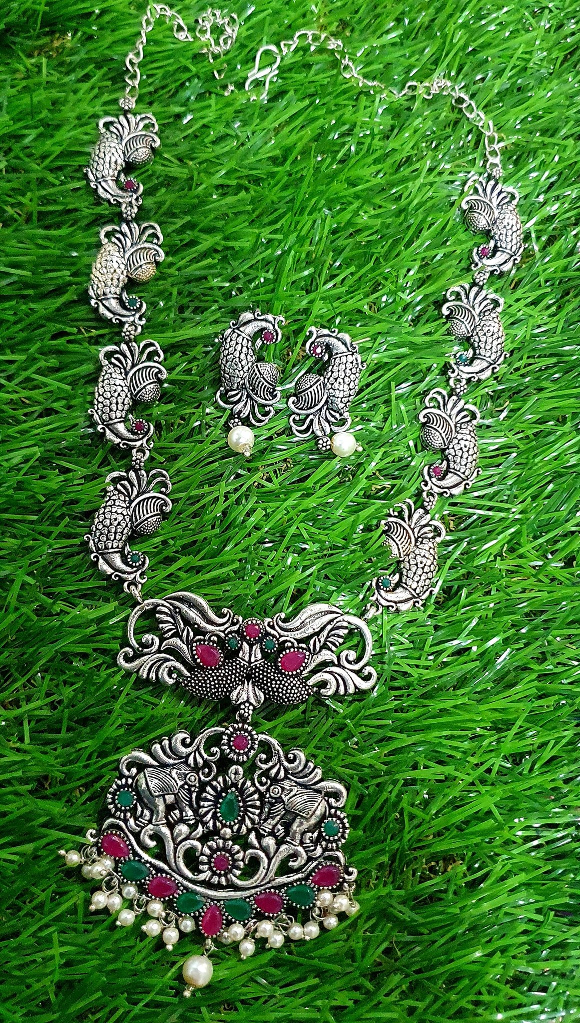 Peacock & Elephant Pink Green Stones With Pearls Silver Oxidised Necklace Peacock & Elephant Pink Green Stones With Pearls Silver Oxidised Necklace