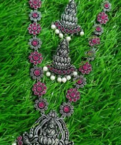 Lakshmi Pink Stones With Pearl Silver Oxidised Necklace