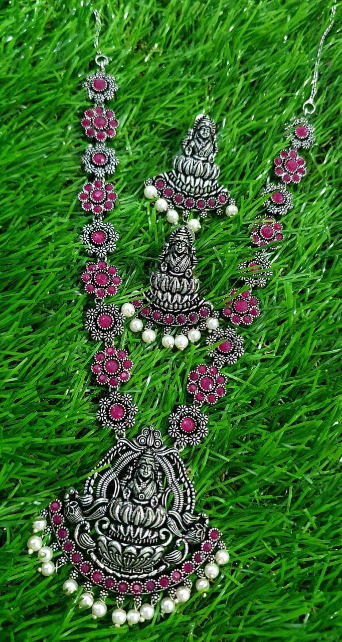Lakshmi Pink Stones With Pearl Silver Oxidised Necklace Lakshmi Pink Stones With Pearl Silver Oxidised Necklace