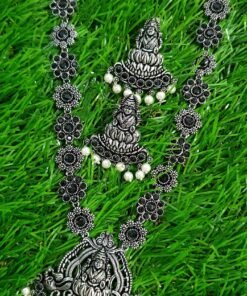 Lakshmi Black Stones With Pearl Silver Oxidised Necklace