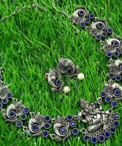 Ganesha Royal Blue Stones With Pearl Silver Oxidised Necklace
