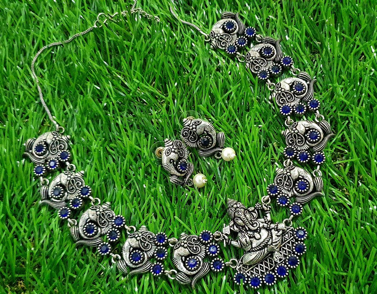 Ganesha Royal Blue Stones With Pearl Silver Oxidised Necklace Ganesha Royal Blue Stones With Pearl Silver Oxidised Necklace