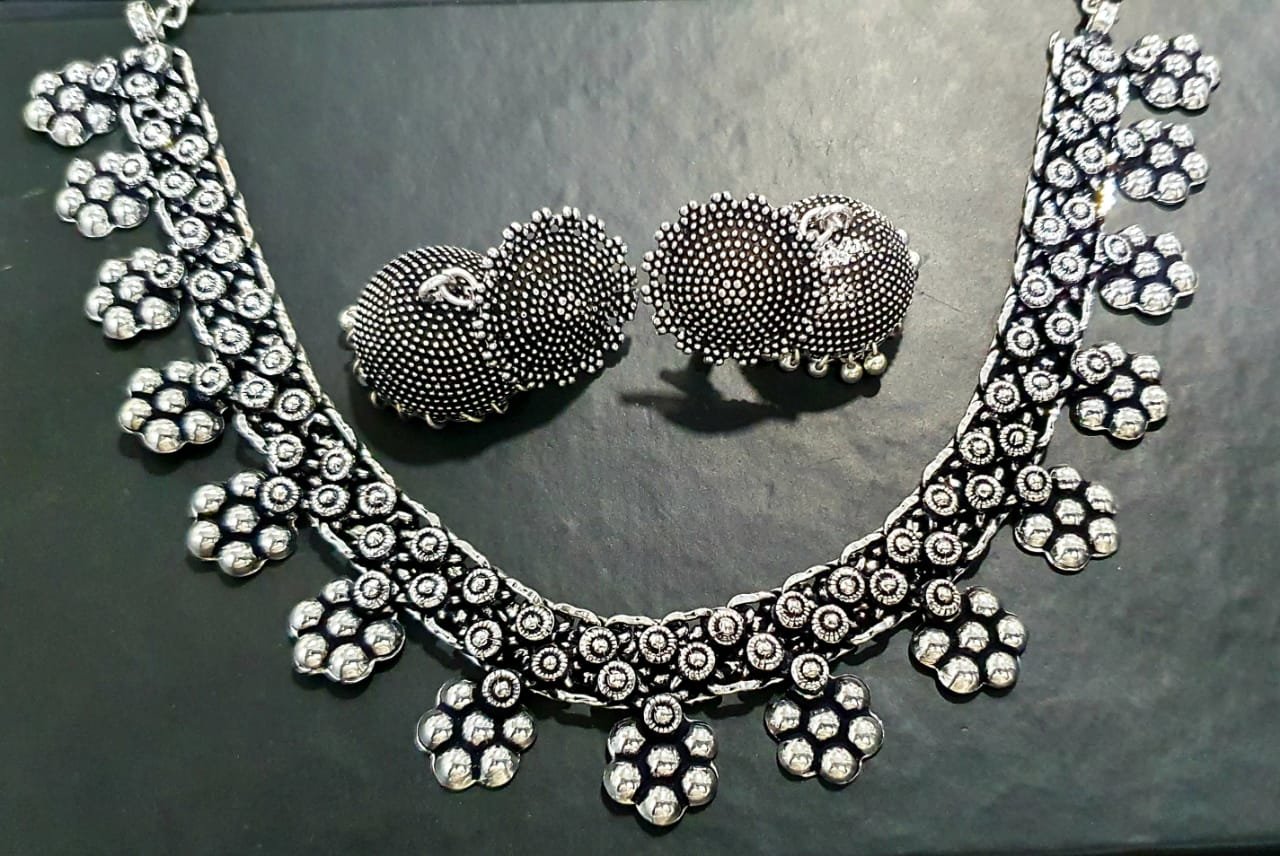 Flower Design Silver Oxidised Necklace Flower Design Silver Oxidised Necklace