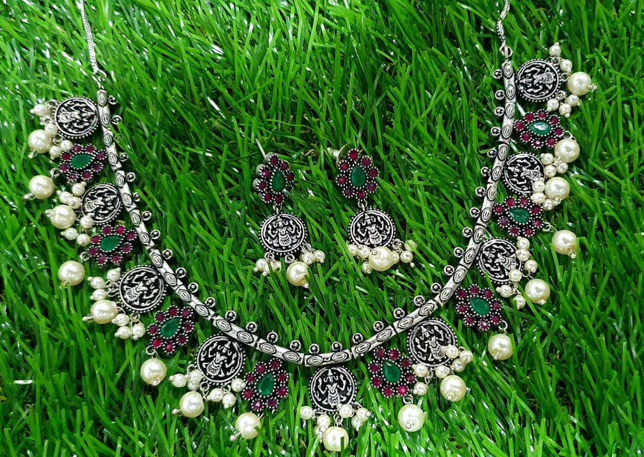 Lakshmi Coins Pink & Green Stones With Pearl Silver Oxidised Necklace Lakshmi Coins Pink & Green Stones With Pearl Silver Oxidised Necklace