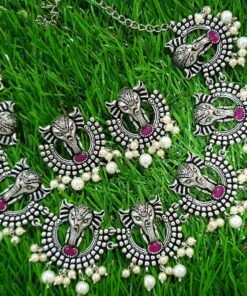 Ganesha Pink Stones With Pearl Silver Oxidised Necklace