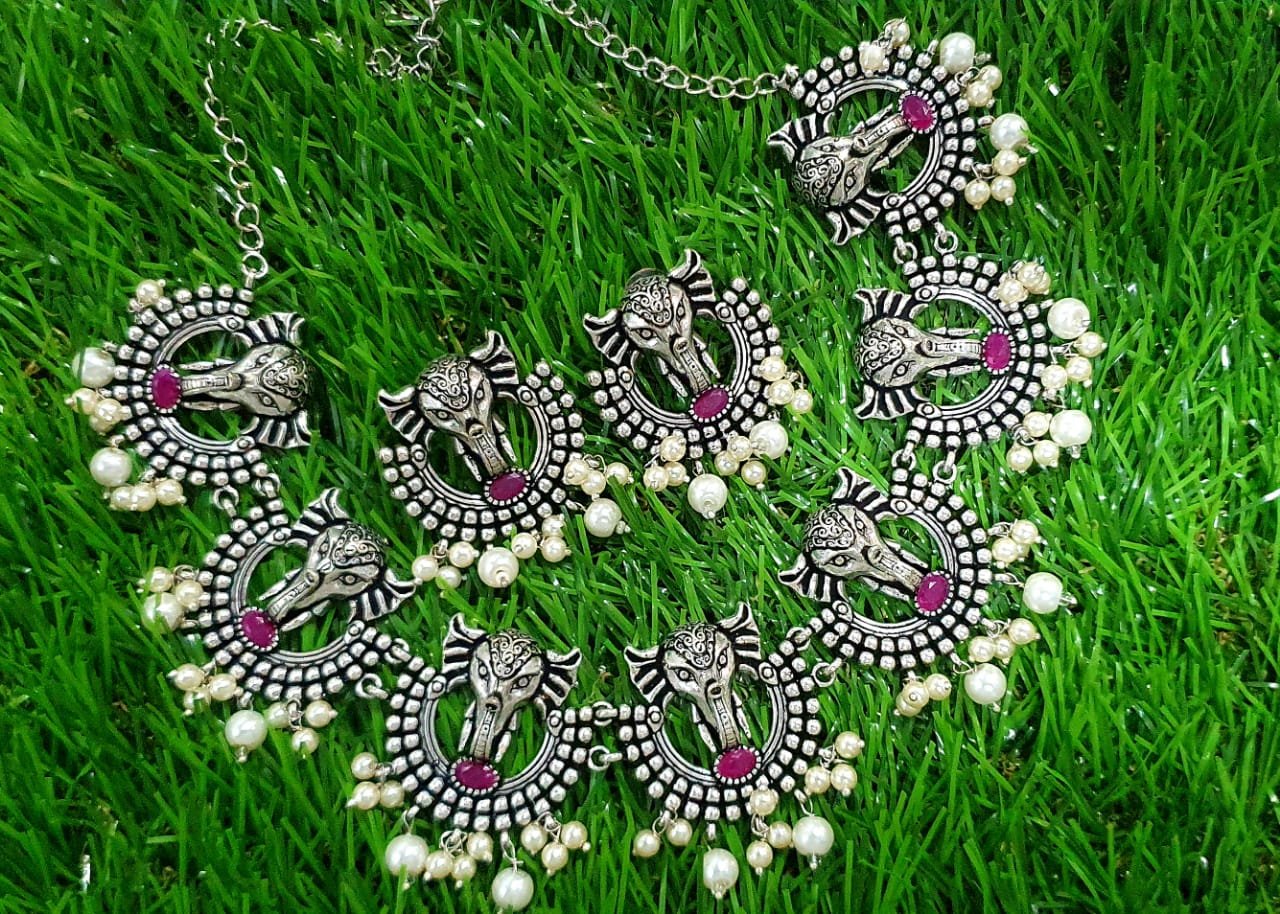Ganesha Pink Stones With Pearl Silver Oxidised Necklace Ganesha Pink Stones With Pearl Silver Oxidised Necklace