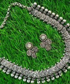 Lakshmi Coins Silver Oxidised Necklace