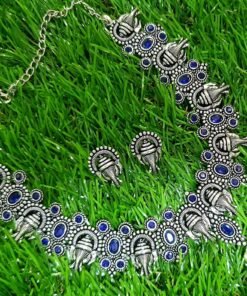 Ganesha With Blue Stones Silver Oxidised Necklace