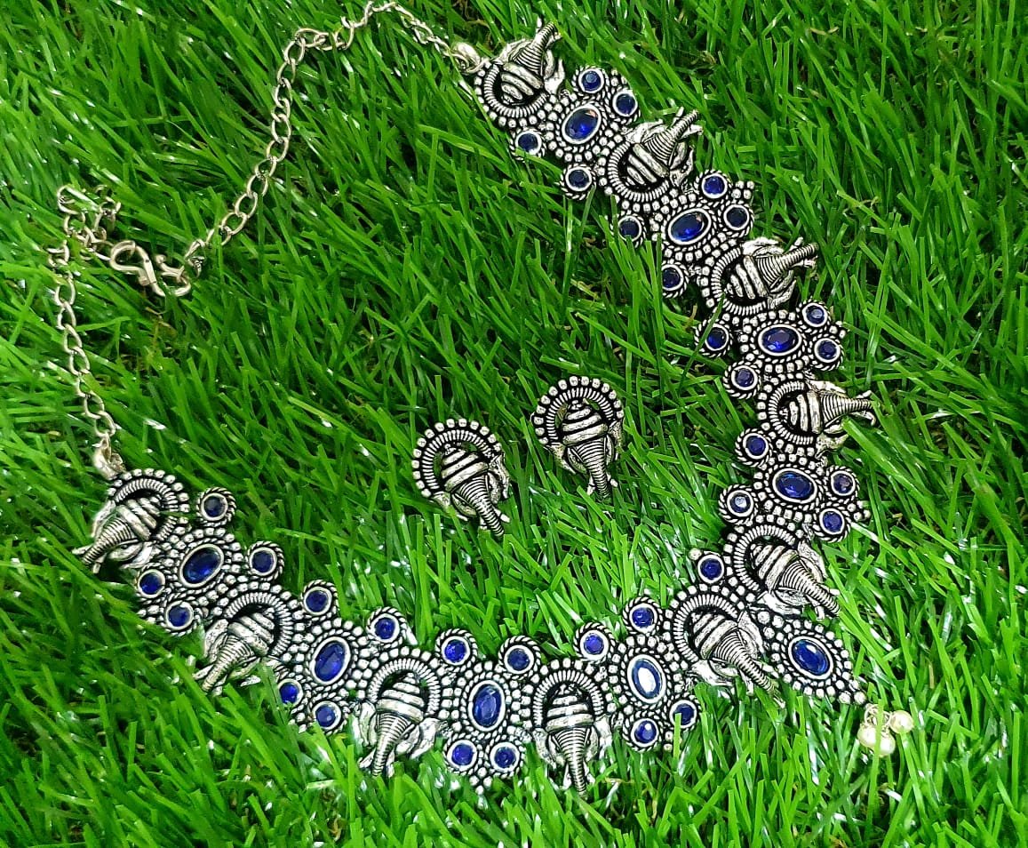 Ganesha With Blue Stones Silver Oxidised Necklace Ganesha With Blue Stones Silver Oxidised Necklace