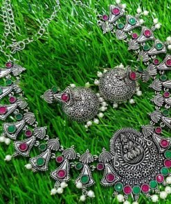 Lakshmi Design With Pearl Silver Oxidised Necklace