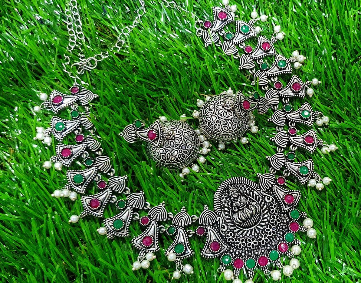 Lakshmi Design With Pearl Silver Oxidised Necklace Lakshmi Design With Pearl Silver Oxidised Necklace