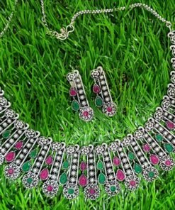 Peacock Multi Colour Stones Silver Oxidised Necklace