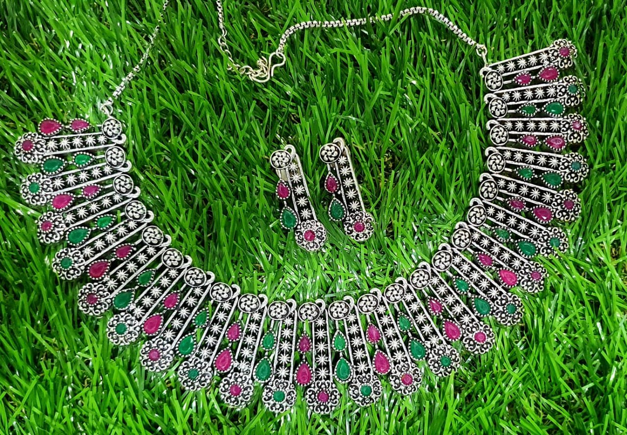 Peacock Multi Colour Stones Silver Oxidised Necklace Peacock Multi Colour Stones Silver Oxidised Necklace