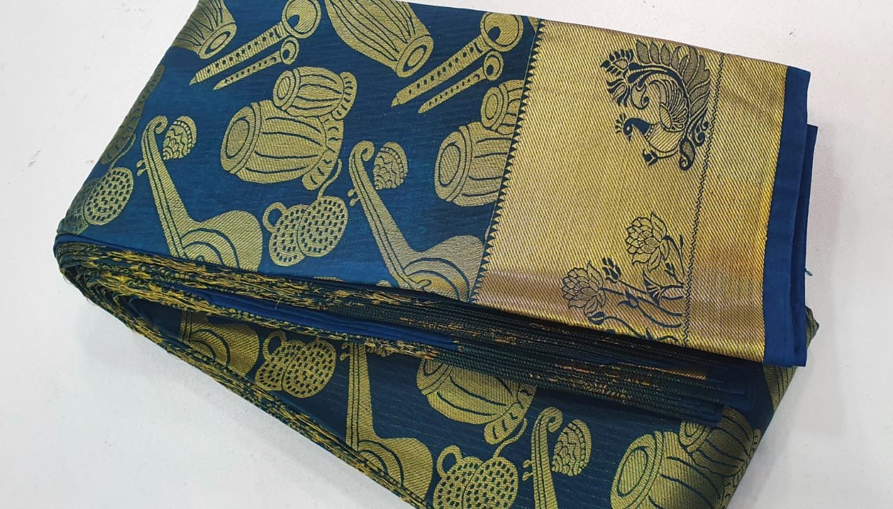 Peacock Blue Music Instrumental Samudrika Silk Saree