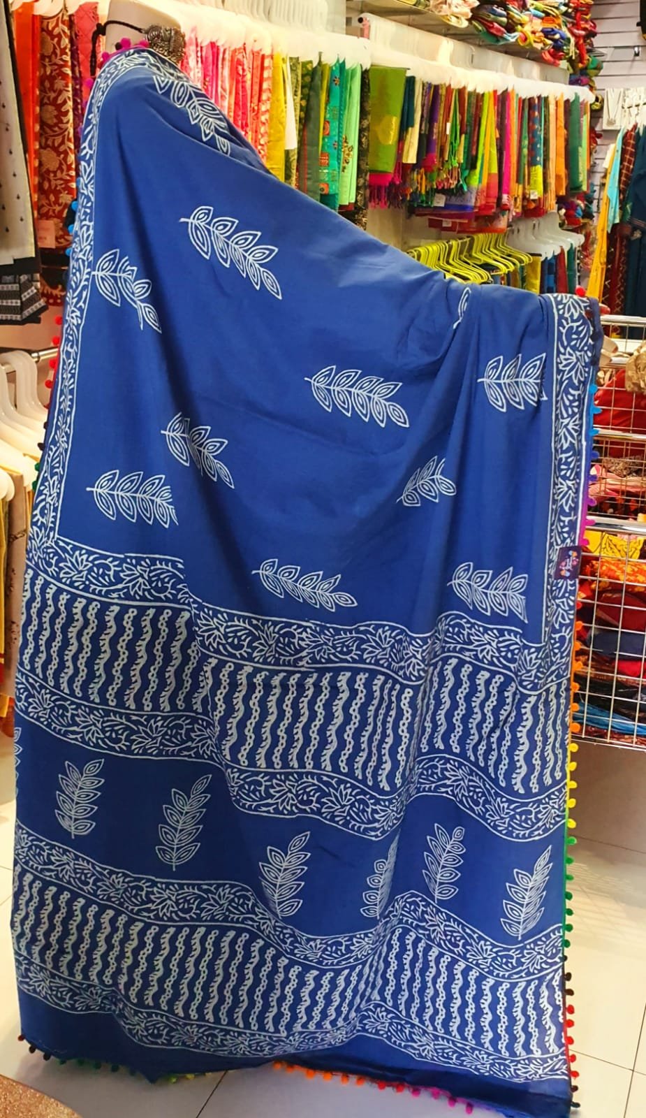 Pigeon Blue & Off White Mul Mul Cotton Sarees With Multi Colour PomPom Lace - Image 5