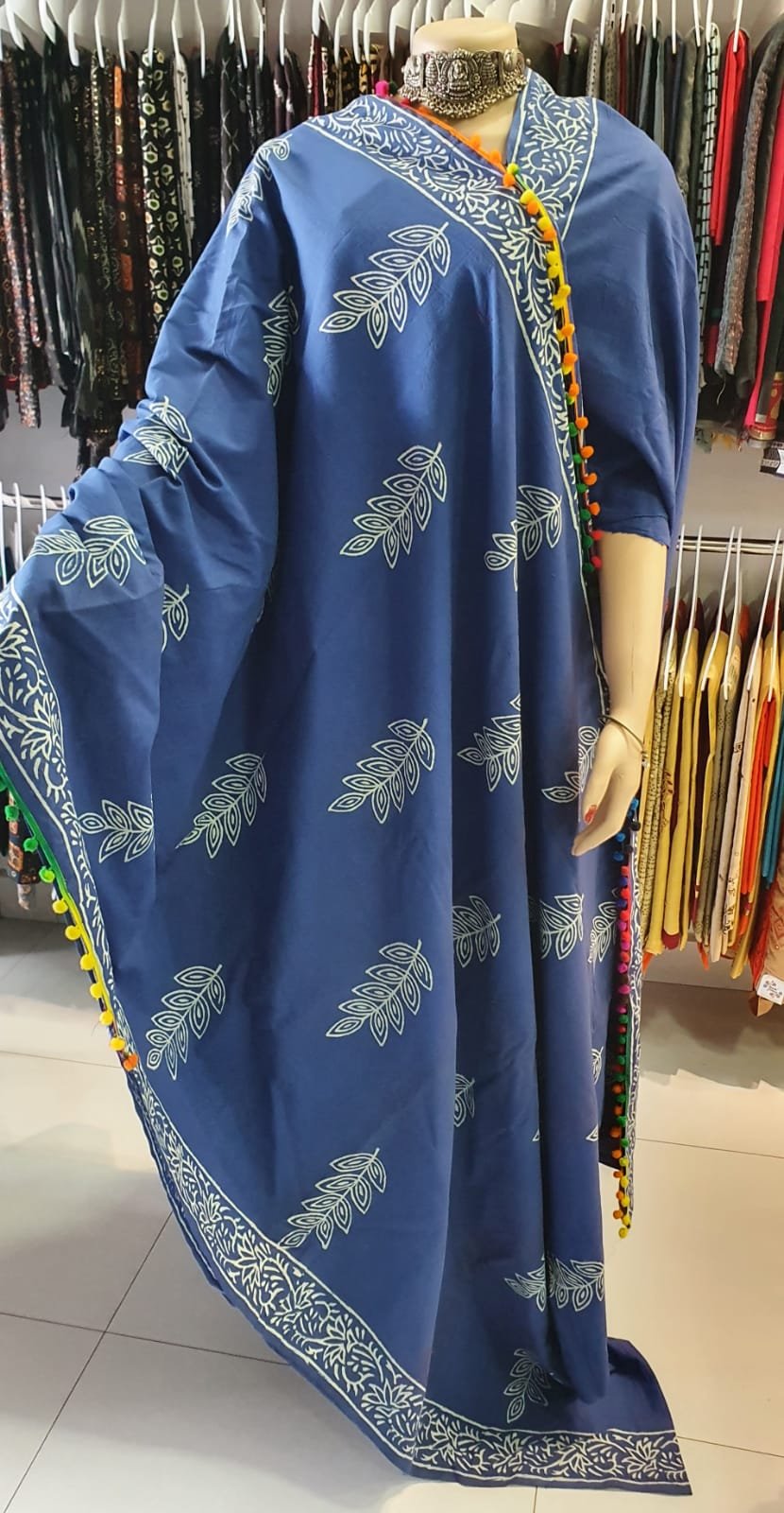 Pigeon Blue & Off White Mul Mul Cotton Sarees With Multi Colour PomPom Lace