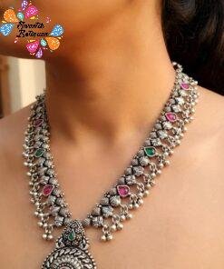 Flower Pink Green Stones With Pearls Silver Oxidised Harram