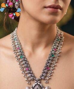 Flower Pink Green Stones With Pearls Silver Oxidised Harram