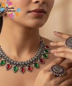 Red and Green Stones Leaf Silver Oxidised Necklace