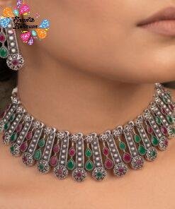 Peacock Multi Colour Stones Silver Oxidised Necklace