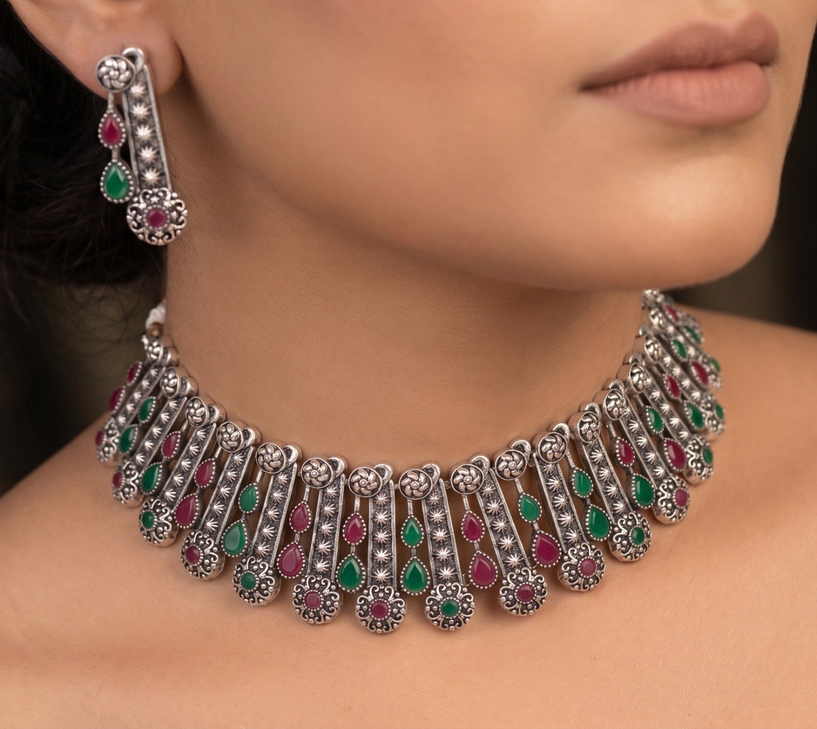 Peacock Multi Colour Stones Silver Oxidised Necklace Peacock Multi Colour Stones Silver Oxidised Necklace