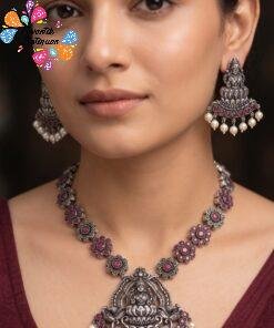 Lakshmi Pink Stones With Pearl Silver Oxidised Necklace