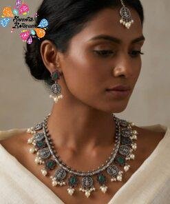 Lakshmi Coins Pink & Green Stones With Pearl Silver Oxidised Necklace