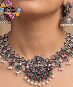 Lakshmi Design With Pearl Silver Oxidised Necklace