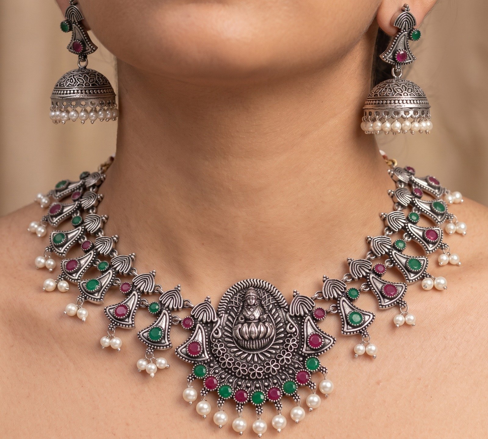 Lakshmi Design With Pearl Silver Oxidised Necklace Lakshmi Design With Pearl Silver Oxidised Necklace
