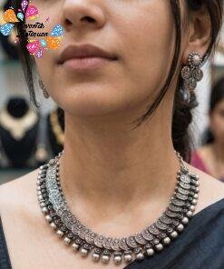Lakshmi Coins Silver Oxidised Necklace