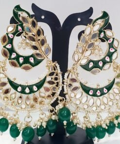 Flower Design Green and Gold With Green Pearls Meenakari Earrings Flower Design Green and Gold With Green Pearls Meenakari Earrings