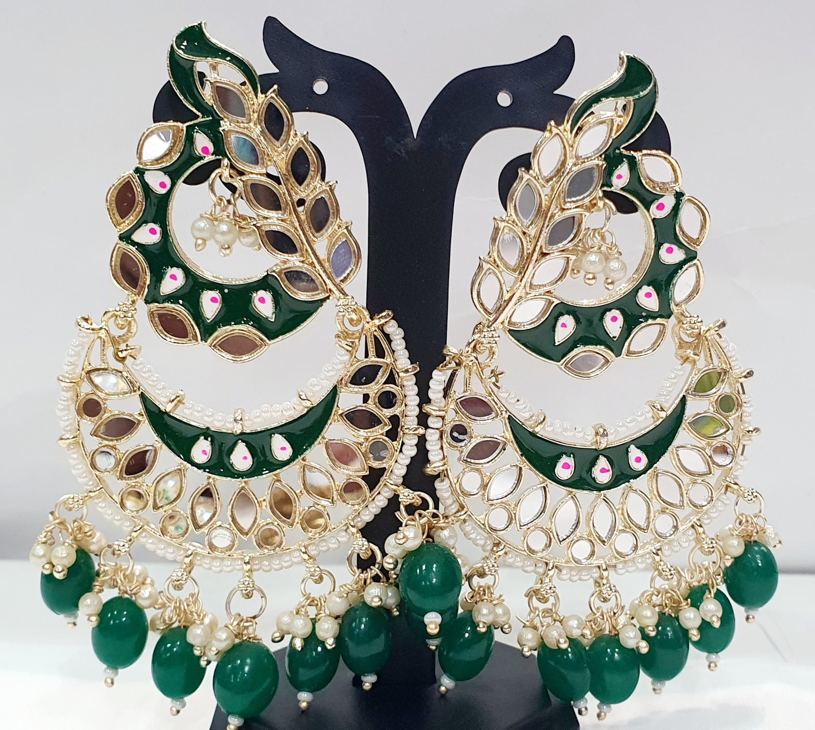 Flower Design Green and Gold With Green Pearls Meenakari Earrings Flower Design Green and Gold With Green Pearls Meenakari Earrings - Image 2