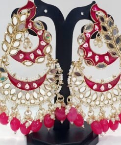Flower Design Pink and Gold With Pink Pearls Meenakari Earrings Flower Design Pink and Gold With Pink Pearls Meenakari Earrings