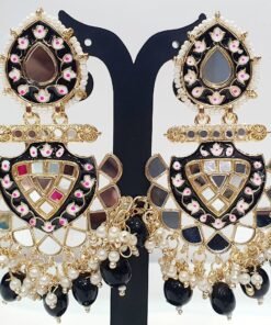 Pearls Flower Design Black and Gold With Black Pearls Meenakari Earrings