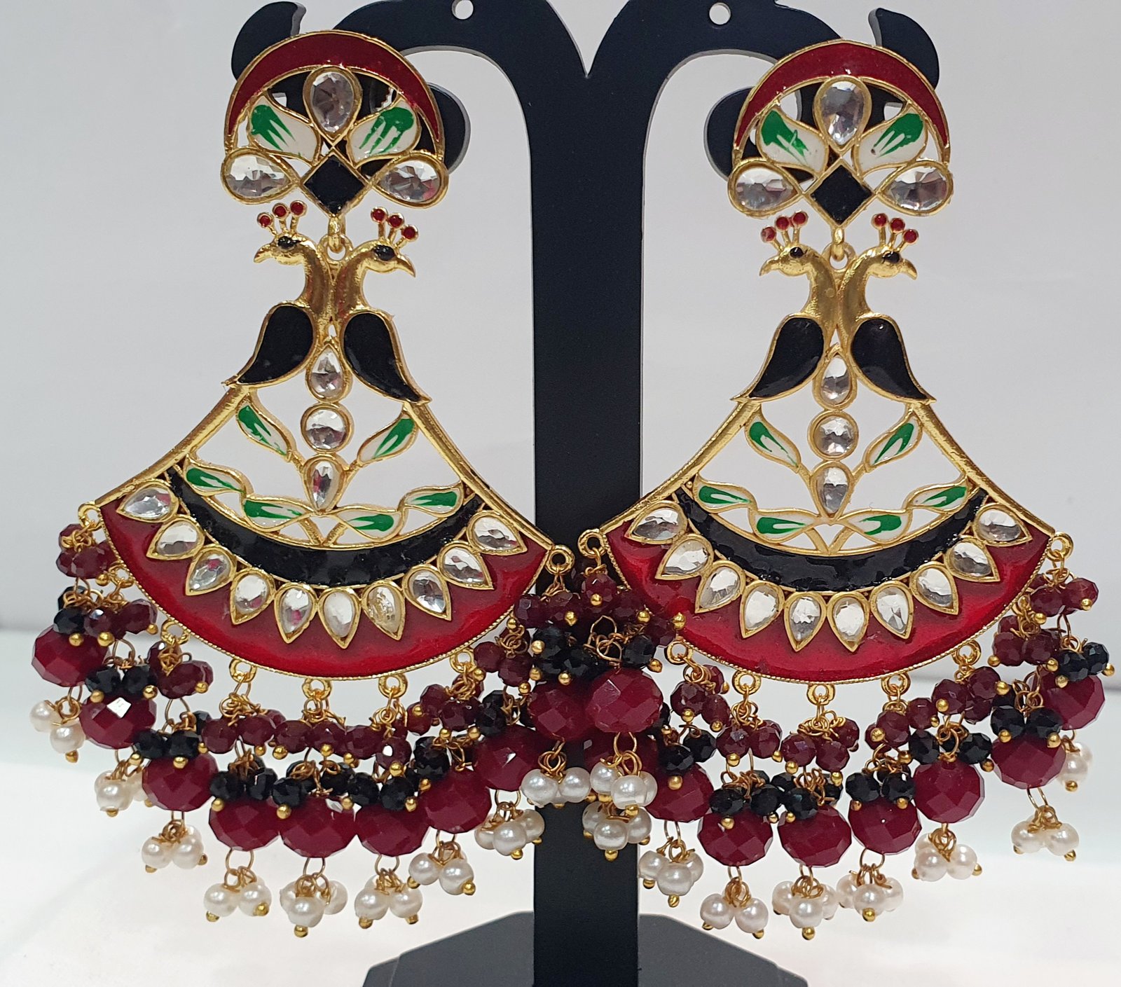 Peacock Design Marroon and Black With Pearls Meenakari Earring Peacock Design Marroon and Black With Pearls Meenakari Earring - Image 2