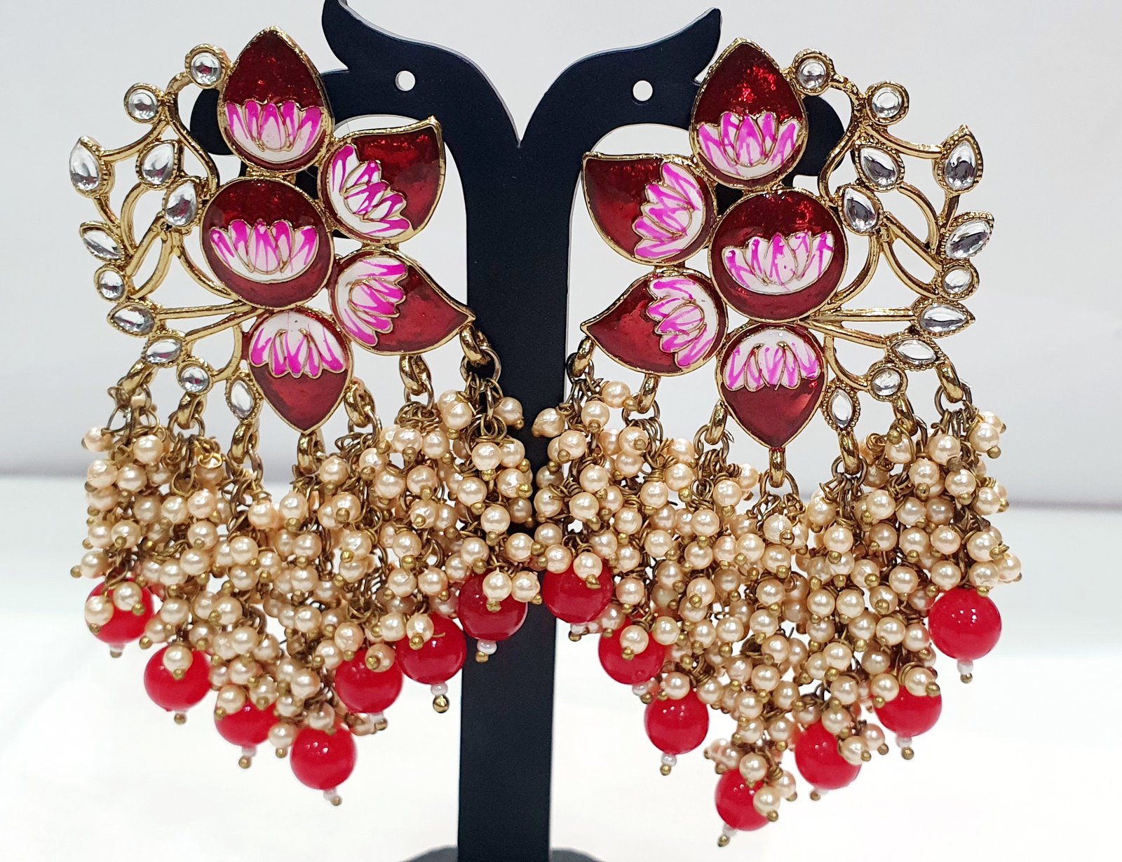 Flower Design Marroon and Pink With White Pearls Meenakari Earring - Image 2