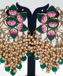 Flower Design Green and Pink With White Pearls Meenakari Earring Flower Design Green and Pink With White Pearls Meenakari Earring