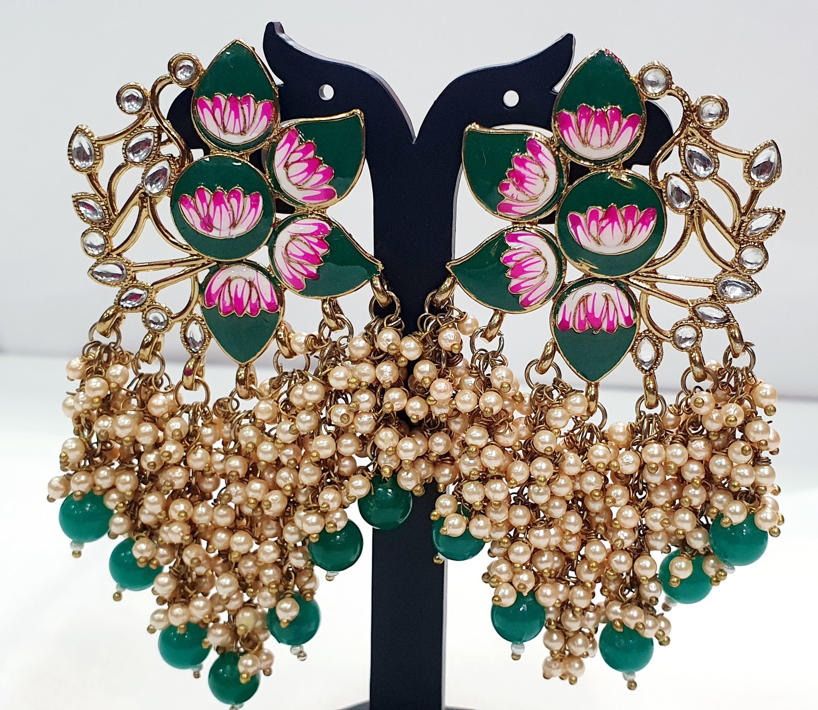 Flower Design Green and Pink With White Pearls Meenakari Earring Flower Design Green and Pink With White Pearls Meenakari Earring - Image 2