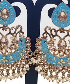 Flower Design Sky Blue and Gold With White Pearls Meenakari Earring Flower Design Sky Blue and Gold With White Pearls Meenakari Earring