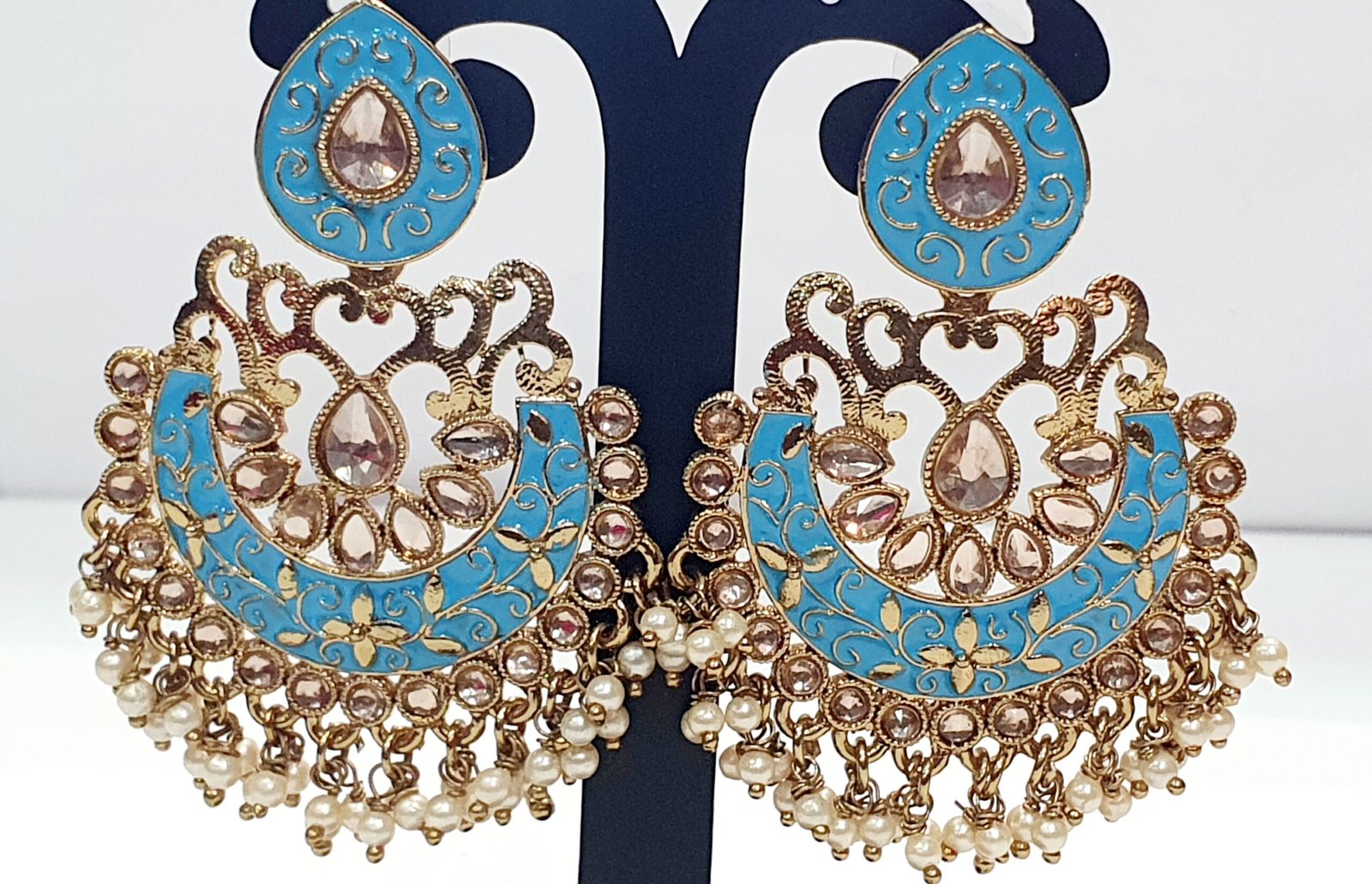 Flower Design Sky Blue and Gold With White Pearls Meenakari Earring Flower Design Sky Blue and Gold With White Pearls Meenakari Earring - Image 2