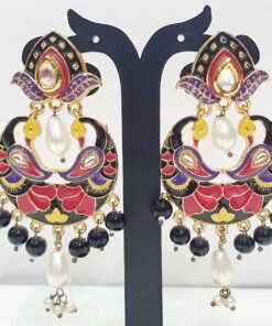 Peacock Design Black & Pink With Black Pearls Meenakari Earrings