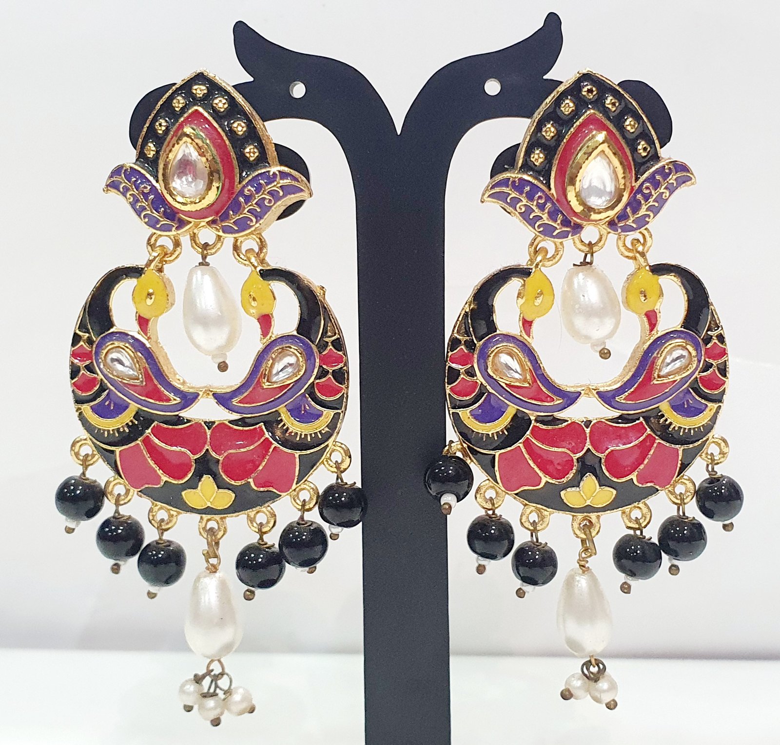 Peacock Design Black and Pink With Black Pearls Meenakari Earring Peacock Design Black and Pink With Black Pearls Meenakari Earring