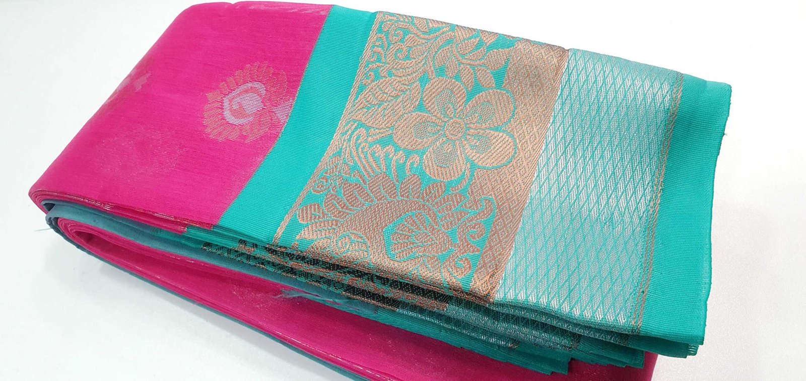 Pink and Sky Blue With Silver Big Border Silk Cotton Saree - Image 2