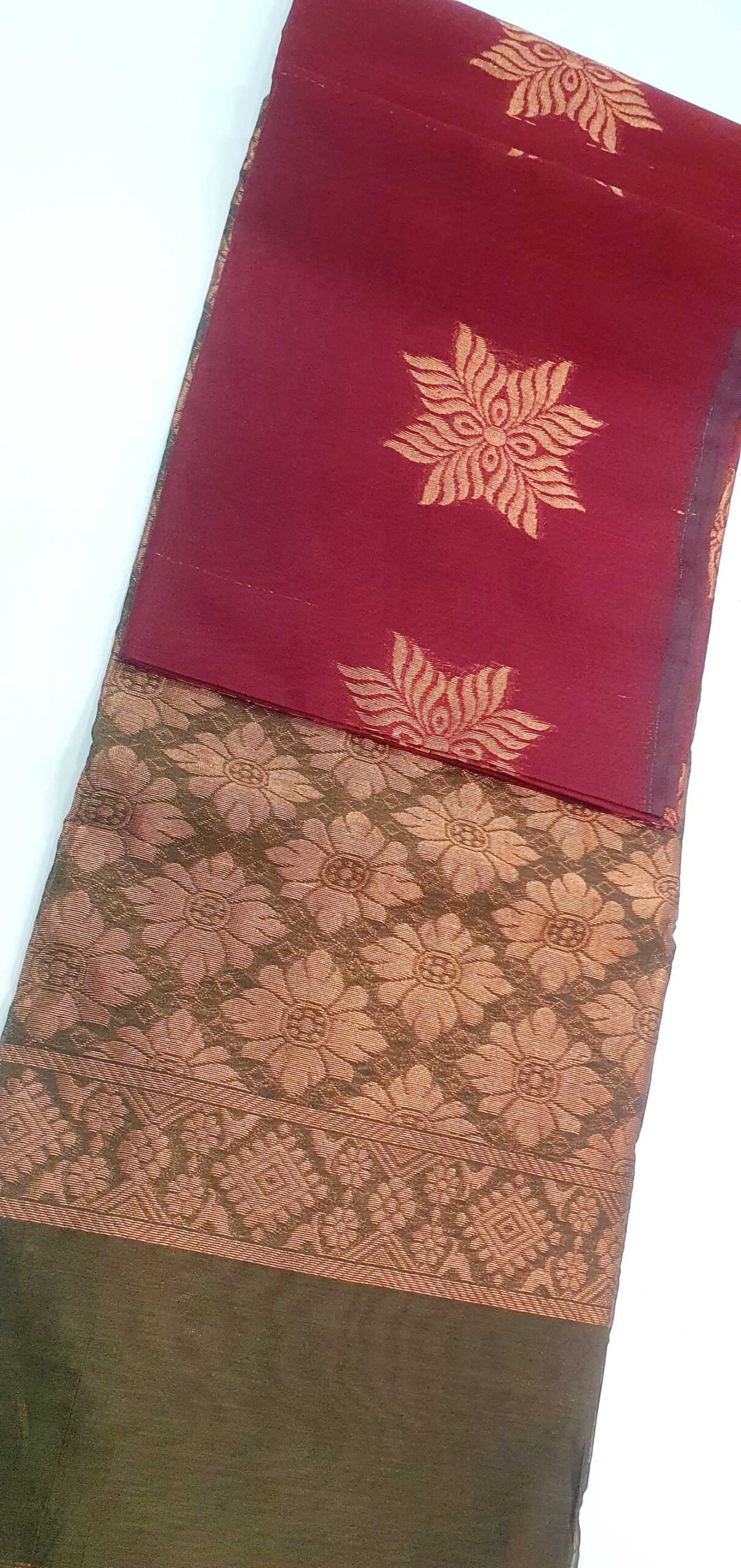 Marron and Olive Green With Gold Silk Cotton Sarees